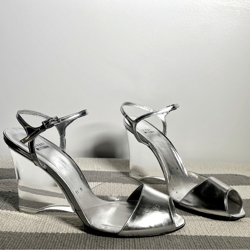 SALE Stuart Weitzman Silver Peep Toe Clear Wedge Heels Size 11